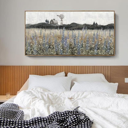 Large Framed Wall Art for Living Room Nature Wilderness Landscape Painting Vintage Canvas Print Rustic Farmhouse Scenery Picture Countryside Wildflower Field Meadow Windmill Barn Artwork 60"W x 30"H