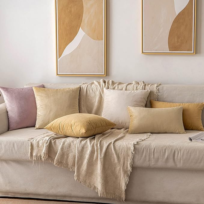MIULEE Velvet Throw Pillow Covers 12x20 Inch, Pack of 2 - Beige, Soft Solid Lumbar Decorative Pillow Covers Modern Luxury Home Decor for Spring Couch Sofa Bedroom Livingroom
