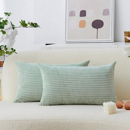Home Brilliant Sage Green Lumbar Spring Pillow Cover Corduroy Plush Velvet Oblong Decorative Rectangle Pillowcases for Bed Couch Sofa Decor, Set of 2, 12 x 20 inches(30x50cm), Mint