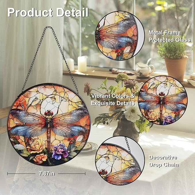 Dragonfly Stained Glass Window Hanging, 7.8" Round Boho Sun Catcher Hand Painted Wall Art Decor with Chain, Unique Housewarming Gifts for Couples, Home