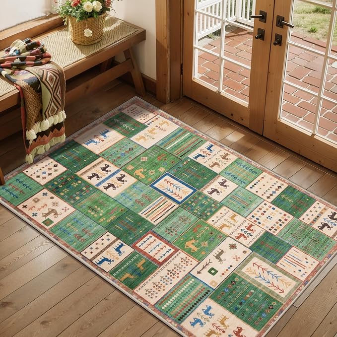 Tangsoo 2x3 Small Rugs for Entryway,Washable Vintage Entry Rug Non Slip, Soft Low Pile Throw Rugs Tribal Front Indoor Rug Small Carpet for Entrance Bedroom Kitchen Laundry Bedside (Green Beige)