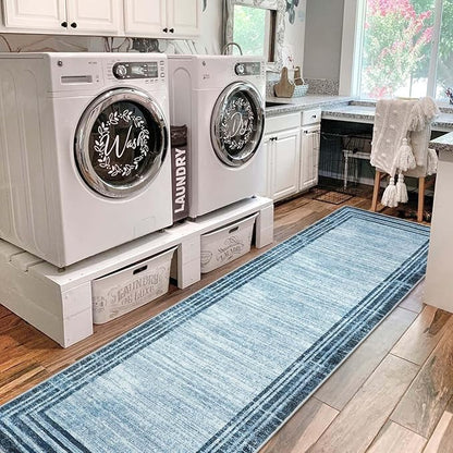 Lahome Modern Abstract Runner Rug, Washable Blue 2.5x10 Kitchen Runner Non Slip Runners for Hallways 10ft, Low-Pile Long Entryway Rug Indoor Soft Carpet Runner for Bedroom Hall
