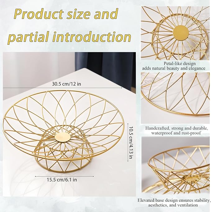 Large Metal Wire Fruit Bowl, Round Mesh Fruit Basket for Kitchen Countertop, Modern Decorative Bread Vegetable Storage Holder Organizer(Gold)