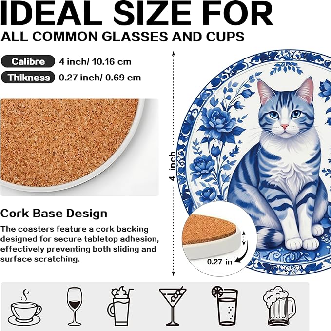 zcyhtqp, Funny Absorbent Round Ceramic Stone Coasters Set of 4 with Cork Base, Chinoiserie Cat Coasters, Gifts for Home, Kitchen, Bar, Office Table Décor