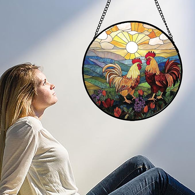 Stained Glass Window Hanging, Countryside Scenery Chicken Sun Catcher for Door Home Decor Sunrise Suncatcher Christmas Mother's Day Birthday Gifts for Women Men Mom Nana 9.8 in
