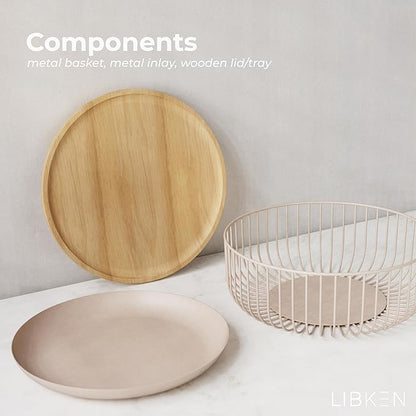 Fruit Basket for Kitchen - Multi-Purpose Stackable Basket with Wooden Lid - Powder Coated Metal and Rubber Wood - Wire Baskets for Organizing - Minimal Design - 11.4''x11.4''x4.5'' - Peach