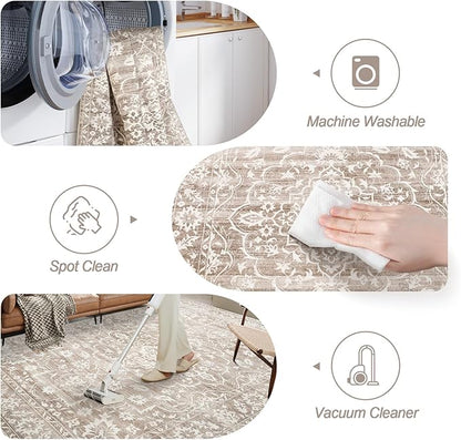 9x12 Area Rugs for Living Room, Stain Resistant Neutral Washable Rugs for Dining Room, Bedroom, Floral Vintage Non-Slip Extra Large Area Rug(Light Brown, 9'x12')