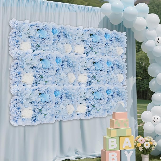 12Pcs Artificial Flower Wall Panel 3D Floral Backdrop Walls15 X 15" Flower Wall Decor Panel Flower Backdrop for Party Home Background Decor, Blue & White