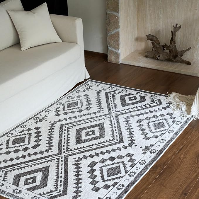 Moroccan Washable Area Rug 4x6, Geometric Decorative Woven Rug Low Pile, Non-Slip Boho Accent Farmhouse Area Rug for Living Room Laundry Bedroom Dining Table, Dark Brown/White