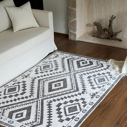 Moroccan Washable Area Rug 4x6, Geometric Decorative Woven Rug Low Pile, Non-Slip Boho Accent Farmhouse Area Rug for Living Room Laundry Bedroom Dining Table, Dark Brown/White