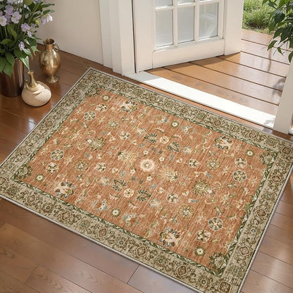 Tangsoo Floral Small Rug 2x3 Washable Rug for Entryways Vintage Non-Slip Area Rugs Terracotta Entry Rugs Distressed Floor Carpet Soft Low Pile Door Mat for Entrance Bedroom Kitchen Foyer Decor