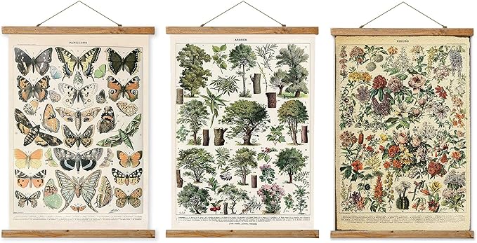 3 Pack Vintage Poster (Small), Hanging Poster Hanger Frame, Retro Style of Wall Art Prints, Printed on Linen with Wood Frames, Ready to Hang
