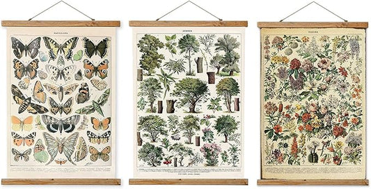 3 Pack Vintage Poster (Small), Hanging Poster Hanger Frame, Retro Style of Wall Art Prints, Printed on Linen with Wood Frames, Ready to Hang