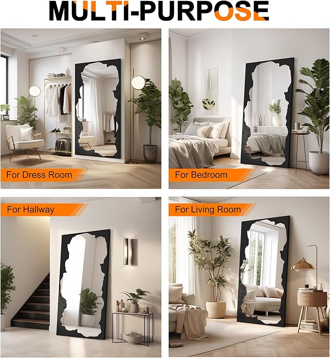 Full-Length Mirror Free Standing Leaning Mirror with Artistic Black Abstract Overlay Deco, 64"x32" Shatterproof Wall-Mounted Mirror, Perfect for Living Room, Bedroom, Cloakroom, and Bathroom Decor