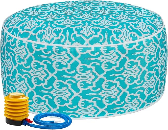 Inflatable Outdoor Ottoman with Air Pump,20"x9" Portable Patio Pouf,Water Resistant,Fade-Resistant,Round Blow Up Footrest Stools for Home Garden Camping Travel(Romantic Blue)