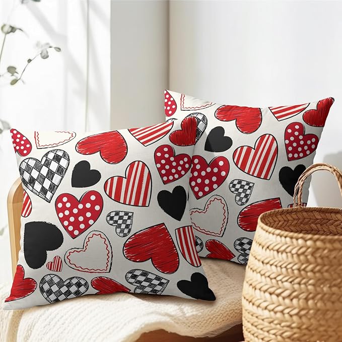 Valentines Day Pillow Covers 16x16 Set of 2 Black Red Heart Throw Pillow Covers Love Pillowcase Linen Decoration Farmhouse Holiday Cozy Soft Cushion Case Couch for Indoor Outdoor Home Decor