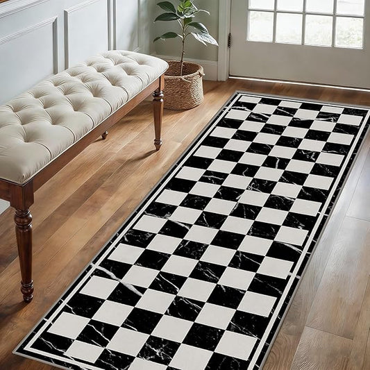 Grey Black Checkered Kitchen Hallway Carpet, 4x10ft, Abstract Black Marble Indoor Decor Washable Rugs, Durable Soft Cozy Non Slip Rug, Breathable Non Shedding Mats for Front Porch
