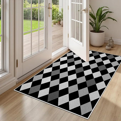 Black and White Rug 5x8, Rhombus Geometric Soft Ultra Soft Faux Wool Low Pile Rug, Indoor Floor Mats Carpet, Non-Slip Stain Resistant Washable Rugs, Modern Abstract Checkered Rugs for Living Room