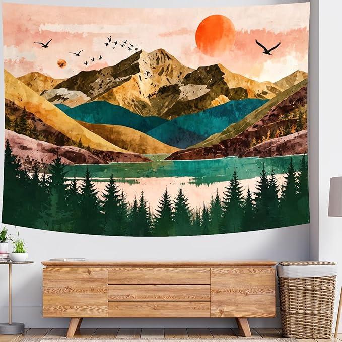 Delur Mountain Tapestry Boho Sunset Nature Forest Tree Tapestry Wall Hanging Sunrise River Lake Landscape Psychedelic Headboard for Bedroom Living Room Home Decor (59.1" x 78.7")