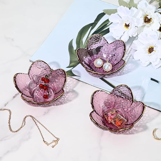 Koythin 2-Piece Glass Jewelry Tray, Small Trinket Holder for Necklace Bracelet Earring, Ring Holders for Bathroom, Aesthetic Trinket Dish, Flower Nightstand Decor for Girl Mom (Purple)