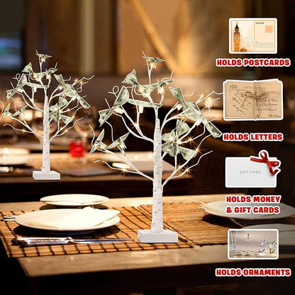 PEIDUO Set of 2 Money Trees, Lighted 22Inch 24LT White Birth Tree with Clips and Greeting Cards, Gift Card Holder for Birthday,Christmas, Wedding, Father's Day Graduation Gifts, Money Tree Gift Holder