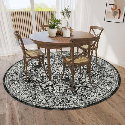vivorug Round Rug 6ft Vintage-Inspired Round Area Rug Non-Slip Indoor Carpet for Living Room Bedroom Entryway, Stain Resistant Home Decor Circle Rug, Black and White
