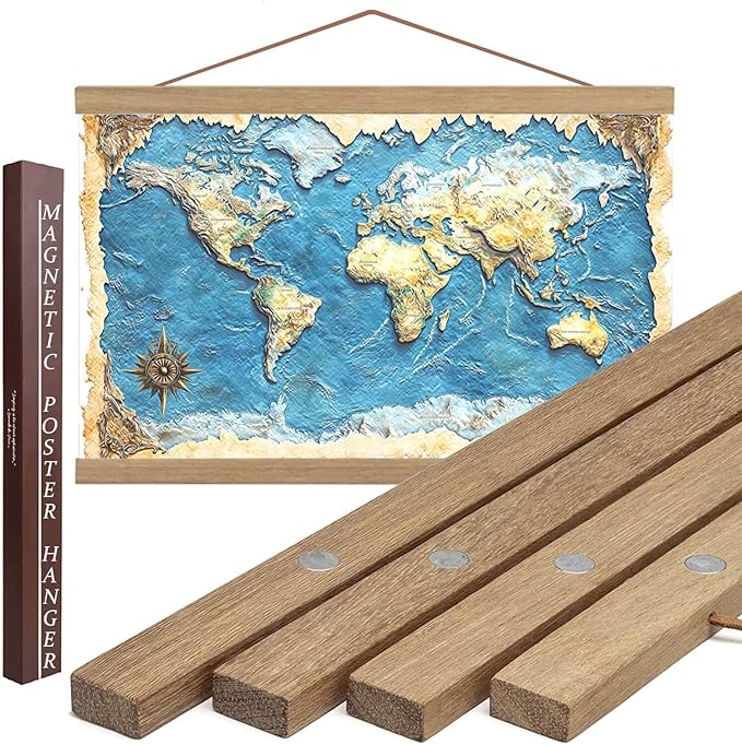 DACRI HOME Magnetic Poster Hanger Frame, Sturdy Magnetic Poster Frame with Teak Wood, Strong Magnets for Hanging Prints, Maps, Pictures, Scroll Wall Art, 22x34 22x28 (22 Inch, Teak)