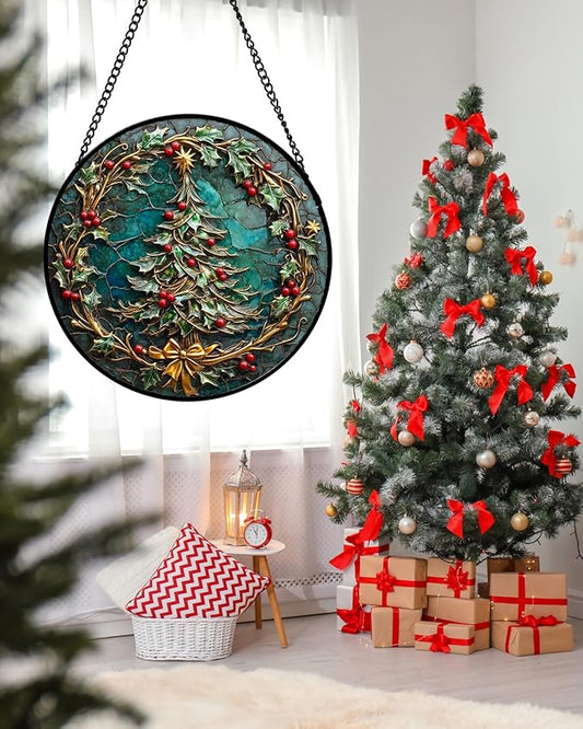 DASTOLL Stained Glass Window Hangings - Red Gold Green Wreath Suncatcher for Door Home Christmas Tree Decoration Sun Catcher Thanksgiving New Year Birthday Gift for Women Men Mom Grandma 9.8 in
