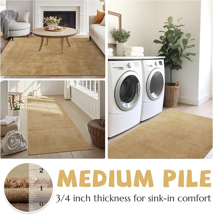 jinchan Solid Plush Area Rug 2x3 Performance Shaggy Washable Rug Indoor Entryway Doormat Soft Modern Faux Wool Cozy Non Slip Carpet for Living Room Kid Room Bedroom Nursery Tan