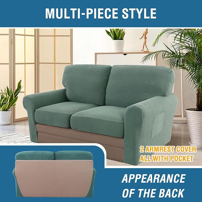 H.VERSAILTEX Multi-Pieces Sofa Covers Stretch Couch Covers Form Fitted Seats and Back Cushions Covers (2 Seat Covers Plus 2 Back Cusion Covers, Bonus 2 Armrest Covers), Sage