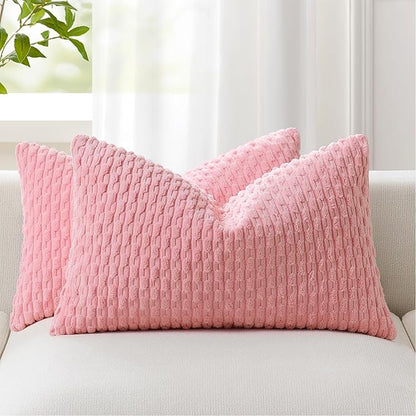 Kevin Textile Valentines Day 12x20 Inch Pillow Cover 1 Pack Boho Decorative Soft Striped Corduroy Lumbar Farmhouse Accent Rectangle Cushion Case for Living Room Couch Sofa Bed, Pink
