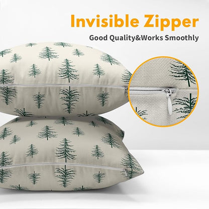 Christmas Tree Pillow Covers 24x24 Set of 2 Green Xmas Vintage Winter Print Decorative Outdoor Linen Zipper Throw Pillows Cases Cushion Cover Rustic Holiday Decoration Farmhouse Sofa Couch Bed Decor