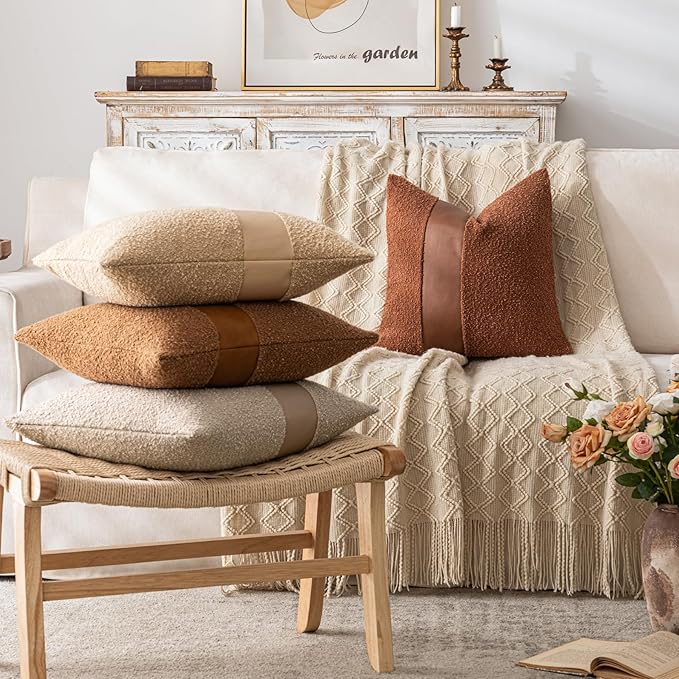 18"x18" Oatmeal Boucle Throw Pillow Covers with Faux Leather Accents Set of 2 Fluffy Textured Decorative Pillow Cases for Couch Bed Boho Farmhouse Square Cushion Covers for Nordic Home Décor