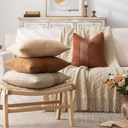 18"x18" Rust Red Boucle Throw Pillow Covers with Faux Leather Accents Set of 2 Fluffy Textured Decorative Pillow Cases for Couch Bed Boho Farmhouse Square Cushion Covers for Nordic Home