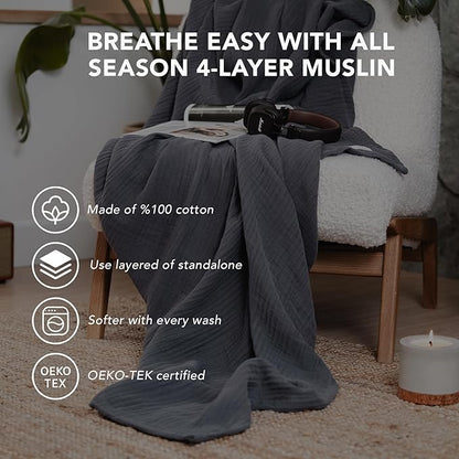 Goqan Muslin Blanket King Size 90x108 – 100% Turkish Cotton 4 Layer Boho Muslin Blanket for Adults, Four Season, Lightweight and Thin, Soft, Breathable - Dark Grey