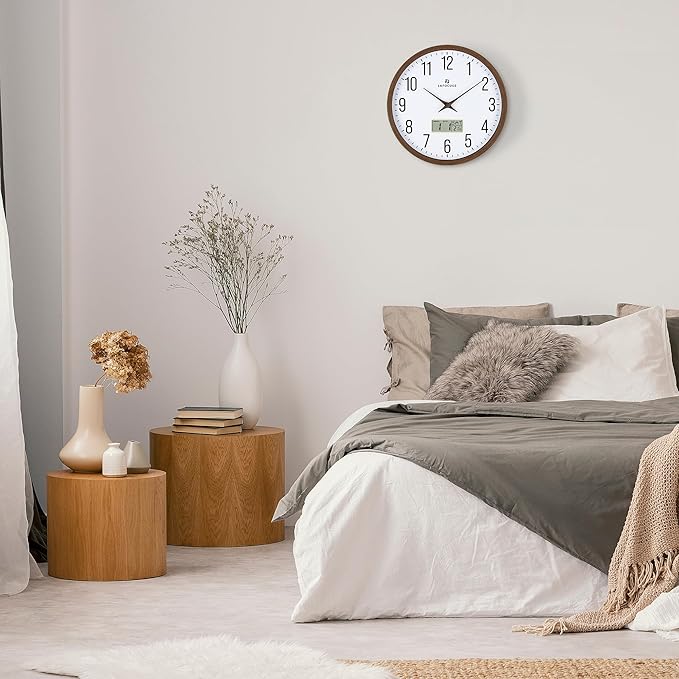 Lafocuse 12 Inch Silent Brown Wall Clock with Time Day Date Temperature, Battery Operated Wall Clock Analog and Digital with Calendar for Kitchen Living Room Home Décor