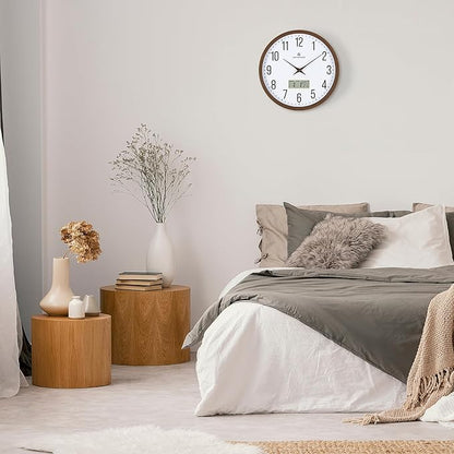Lafocuse 12 Inch Silent Brown Wall Clock with Time Day Date Temperature, Battery Operated Wall Clock Analog and Digital with Calendar for Kitchen Living Room Home Décor