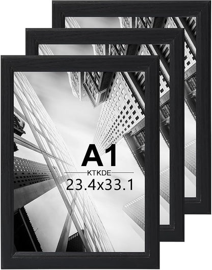 KTKDE A1 Picture Frame Set of 3,23.4 x 33.1in Poster Frame Wooden Black-Horizontal or Vertical Wall Hanging for Home, Exhibition, Caffe Large Frame for Photos, Posters - Art Prints best gift