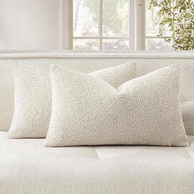 Woaboy Pack of 2 12x20 Inch Decorative Boucle Throw Pillow Covers Textured Lumbar Pillowcaes Accent Solid Cozy Soft Cushion Covers Home Decor for Sofa Couch Living Room Home Decor,Natural Beige