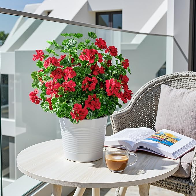 Artificial Flowers for Outdoors 17.7In Artificial Geraniums for Indoor Fake Flowers Uv Resistant Artificial Outdoor Flowers Suitable for Indoor Home Decoration Outdoor Garden Decor 8PCS，Red