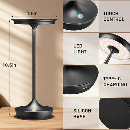 LED Cordless Table Lamps Rechargeable - Outdoor 6000mAh Battery Operated Portable Tables Light 3 Color Stepless Dimming Lamp with Memory Function for Patio Restaurant Dining Black