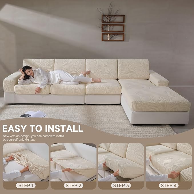 Couch Cushion Covers for Sectional and L Shaped Sofa, Stretch Soft Sofa Covers Washable Wear Resistant Slipcovers Furniture Protector Pet-Friendly (1PC X Large Sofa Cover, Ivory)