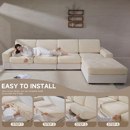 Couch Cushion Covers for Sectional and L Shaped Sofa, Stretch Soft Sofa Covers Washable Wear Resistant Slipcovers Furniture Protector Pet-Friendly (1PC X Large Sofa Cover, Ivory)