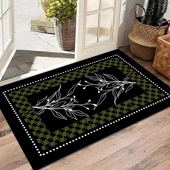 Modern Abstract Area Rug 6x8ft, Black Green White Botanical Line Art, Low Pile Non-Slip Washable Carpet for Bedroom, Farmhouse Dining Room, Kids Playroom