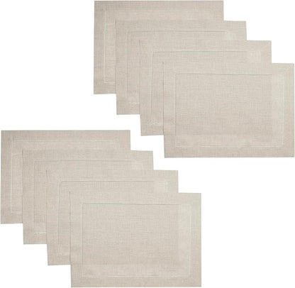 D'Moksha Homes Linen Placemats Set of 8 - Classic Hemstitch Natural Placemats 14 x 19 Inch - 100% Pure Linen Table Mats for Valentines, Holiday, New Year - Handcrafted and Machine Washable