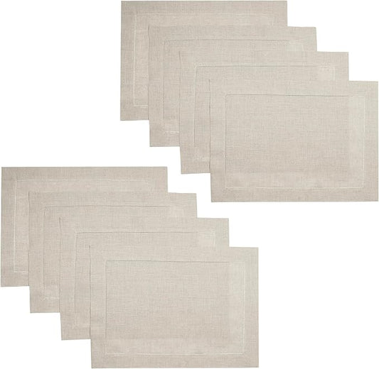 D'Moksha Homes Linen Placemats Set of 8 - Classic Hemstitch Natural Placemats 14 x 19 Inch - 100% Pure Linen Table Mats for Valentines, Holiday, New Year - Handcrafted and Machine Washable