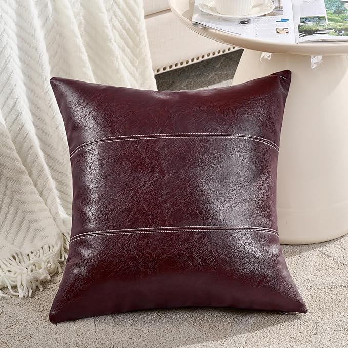 Fancy Homi 2 Packs Burgundy Faux Leather Decorative Throw Pillow Covers 20x20 Inch for Couch Bed Sofa, Modern Farmhouse Boho Home Decor, Wine Red Hand Stitched Accent Square Cushion Case 50x50 cm
