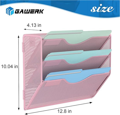 3 Tier Hanging Wall File Organizer, Mesh Mail Paper Orgnization Hanging File Folder Holder for Home Office, Pink