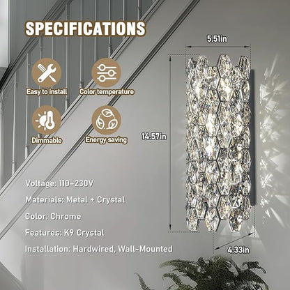 Crystal Wall Sconces,Modern Wall Light Fixtures,Chrome Wall Lamp,Luxury Crystal Wall Sconces for Living Room Bedroom Bathroom Hallway Doorway Stairway Bedside
