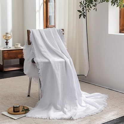 FOSSA Muslin Blanket with Fringe - 4-Layer 100% Cotton Gauze Super Soft & Breathable Throw -Lightweight Decorative Cooling Blanket for Bed, Sofa, Office -Oversize Queen Size 98" x 98" (Bright White)